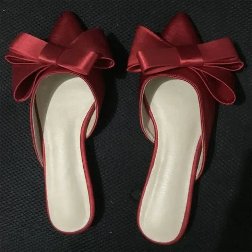 Satin Pointed Bow Slippers